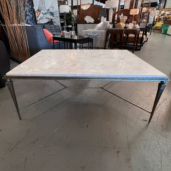 OLY Yves Cocktail Table W/Agate Top, Hammered Iron Base 48"Wx32"Dx19.5"H