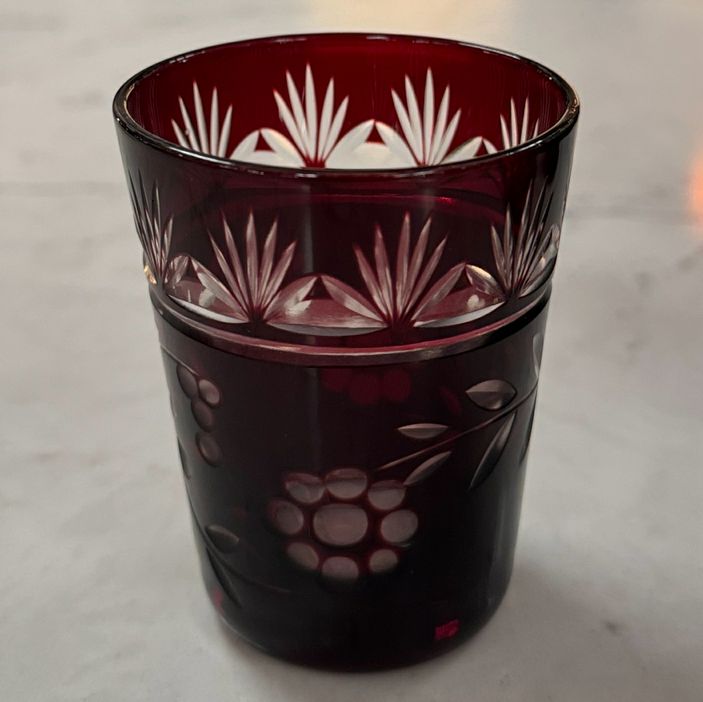 SET/11 Antique Ruby Red Czech Cut to Clear Shot Glasses