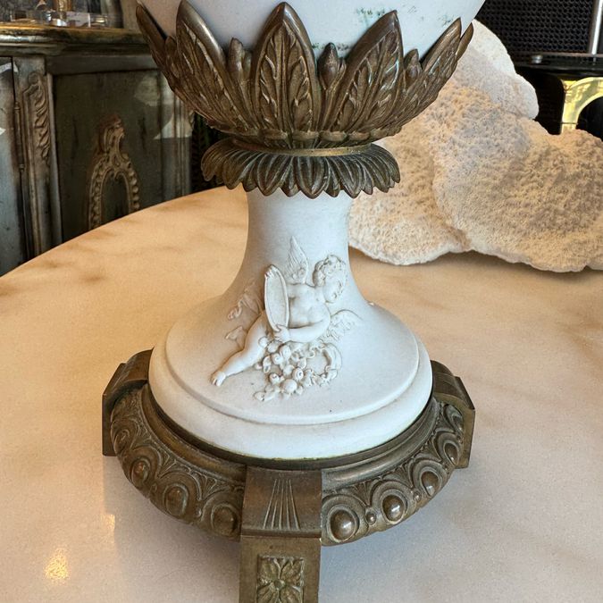 PAIR 1920's Bisque Porcelain & Bronze Vases 24.5"H