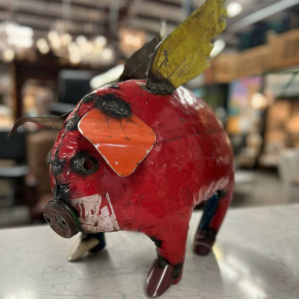 Lg Metal Flying Pig Sculpture 20"H