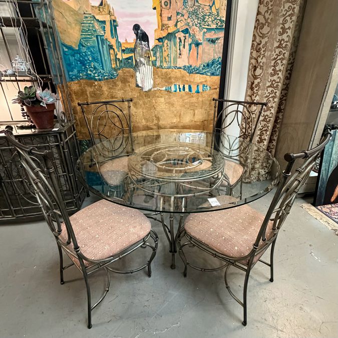 54"D Faux Bamboo Metal Table W/Glass Top, 5 Chairs