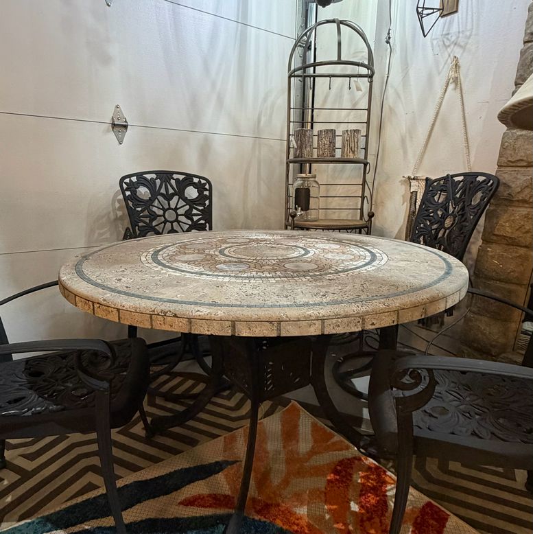 Mosaic Stone Top/Black Iron Base Table W/4 Wrought Iron Chairs 48"DiaX30"H