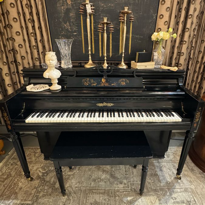 1941 Chickering Chinoiserie Upright Laquered Piano w/Bench 60x23x40