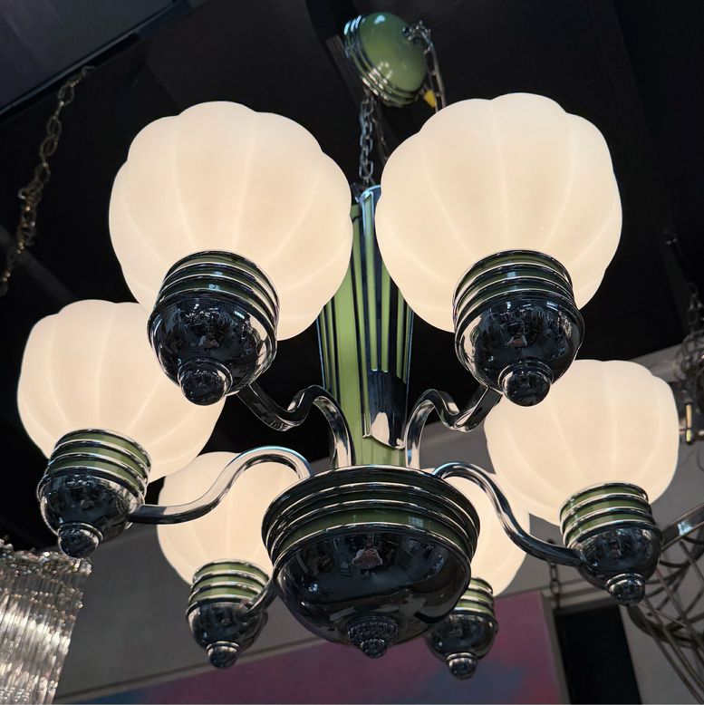 Art Deco 6-Lt Chrome & Green Chandelier W/Glass Shades 25x25