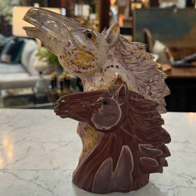 Carved Jasper Double Horse Head Sculpture 8"H