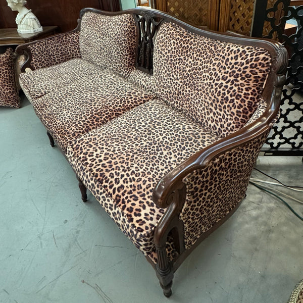 Antique/Vintage Wood Carved Sofa W/Animal Print Upholstery 78x33x34