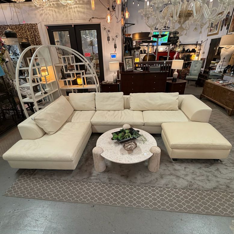 Roche Bobois Elixir Cream 2-PcLeather Sectional & Ottoman 133x81/66x31