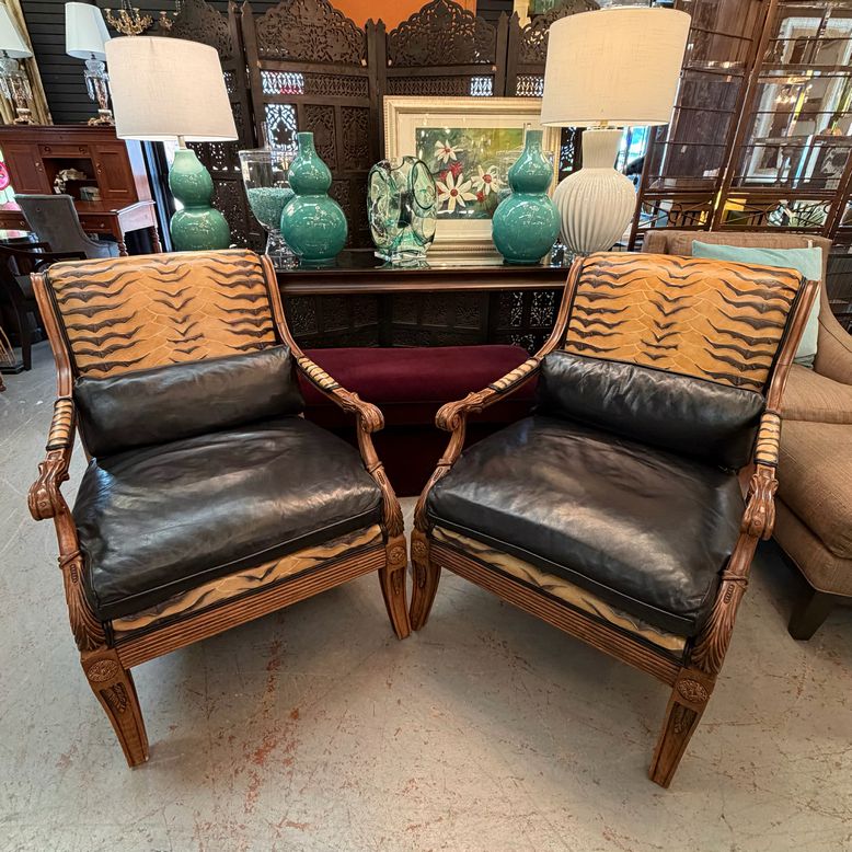 PAIR Ethan Allen Leather Safari Lounge Chairs 28.5X34X37.5