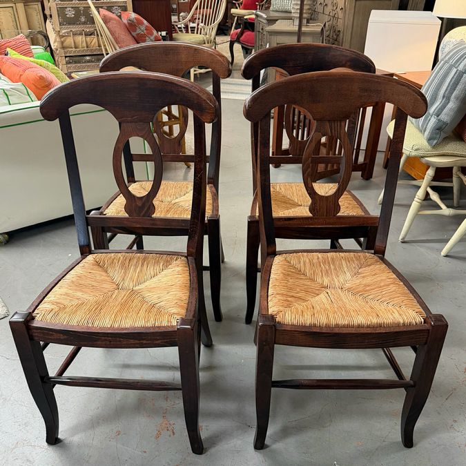 Pottery Barn Trestle Base Table W/6 Napoleon Style Italian Made Rush Seat Chairs