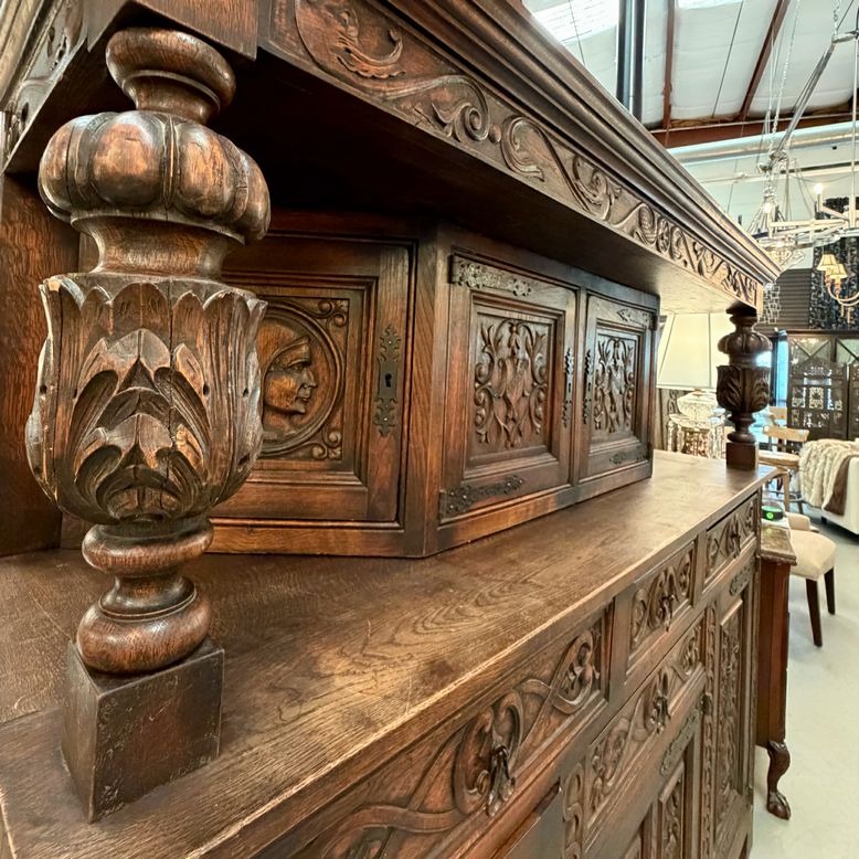 Antique Tudor Revival Carved Oak Cupboard w/Hidden Storage 80x24x74
