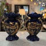 SET/2 Late 19th C. English Flow Blue Vases W/Asian Design 13"H