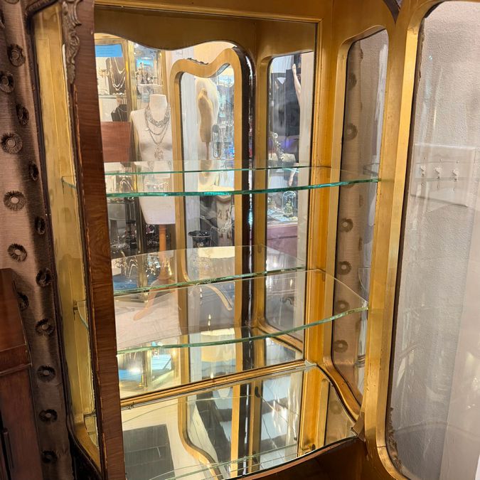 Curved Glass Bombay Wood Carved Vitrine W/Brass Detail, Gold Leaf 24x14x62 AS IS