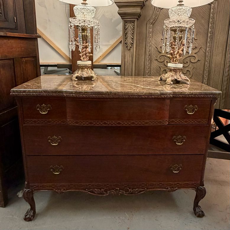 1930's Serpentine Flame Mahagony 3-Drw Chest W/Marble Top 48x21x36