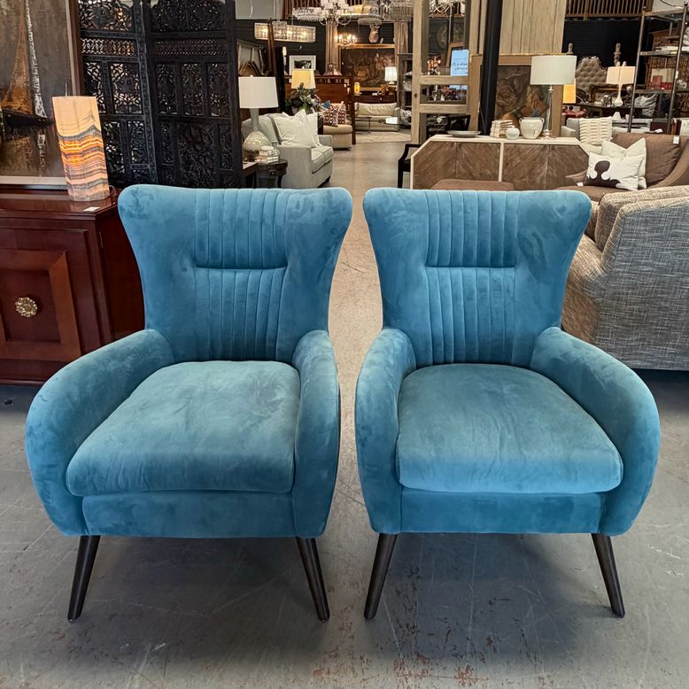 PAIR Uttermost 23314 Dax Blue Velvet Channel Back Chairs 29x30x38 ALMOST NEW!