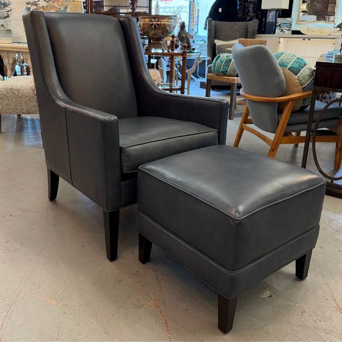 Ethan Allen Kent Sherwood Blue High Grade Leather Wingback Chair & Ottoman 28x37