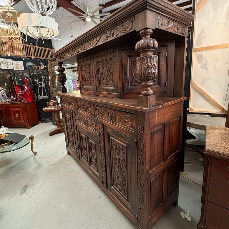 Antique Tudor Revival Carved Oak Cupboard w/Hidden Storage 80x24x74