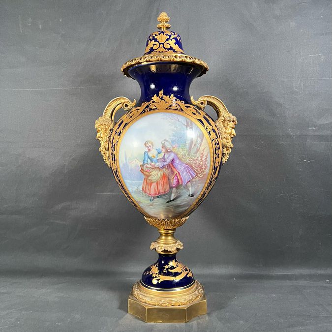 French Sevres Enamel & Bronze God of Bacchus Vase 27"H
