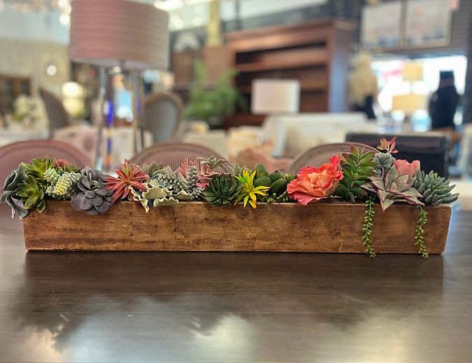 Succulents in Long Wood Container 39"Wx7"H NEW
