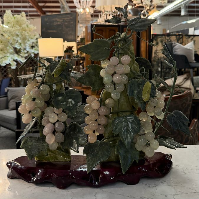 Jade & Jadeite Sculpture W/Grapes & Cicadas 19"Lx19"H
