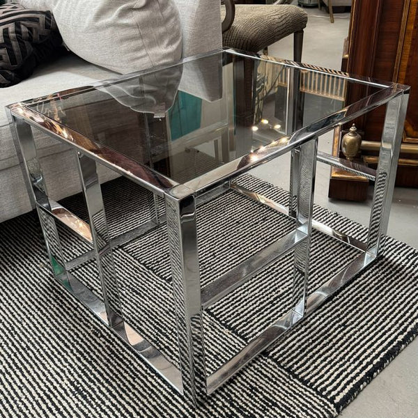 MCM Staggered Chrome & Smoke Glass Side Table 29x25x20