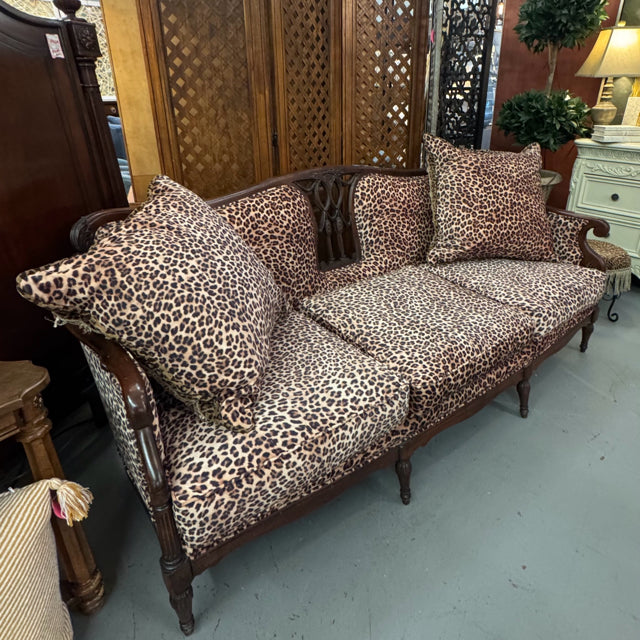 Antique/Vintage Wood Carved Sofa W/Animal Print Upholstery 78x33x34