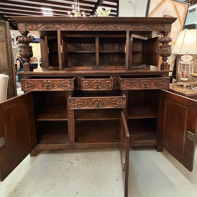 Antique Tudor Revival Carved Oak Cupboard w/Hidden Storage 80x24x74