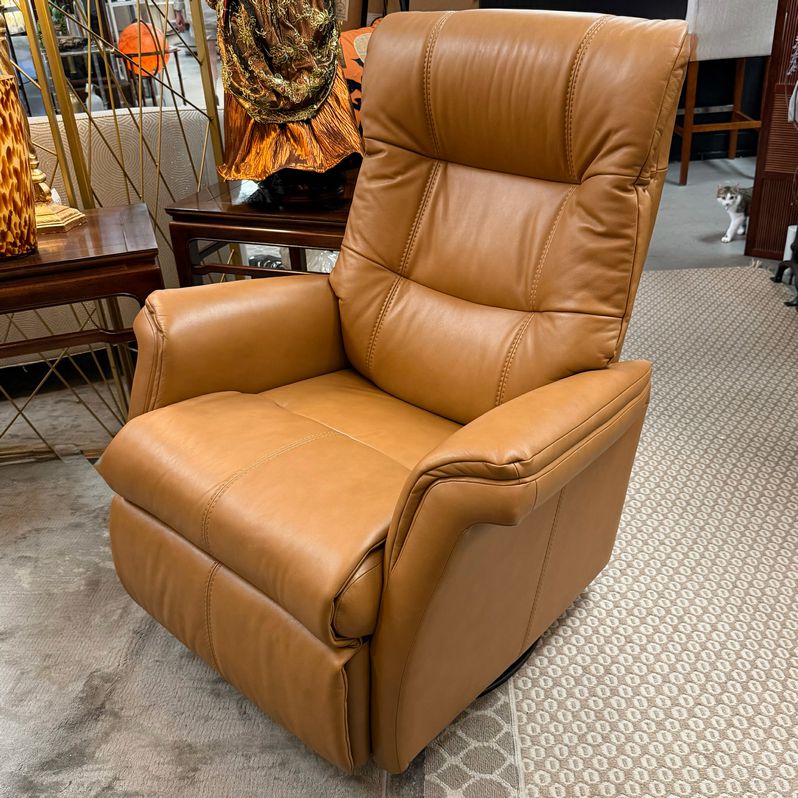 Havertys Camel Leather "Metro" Power Swivel Glider Recliner NEW