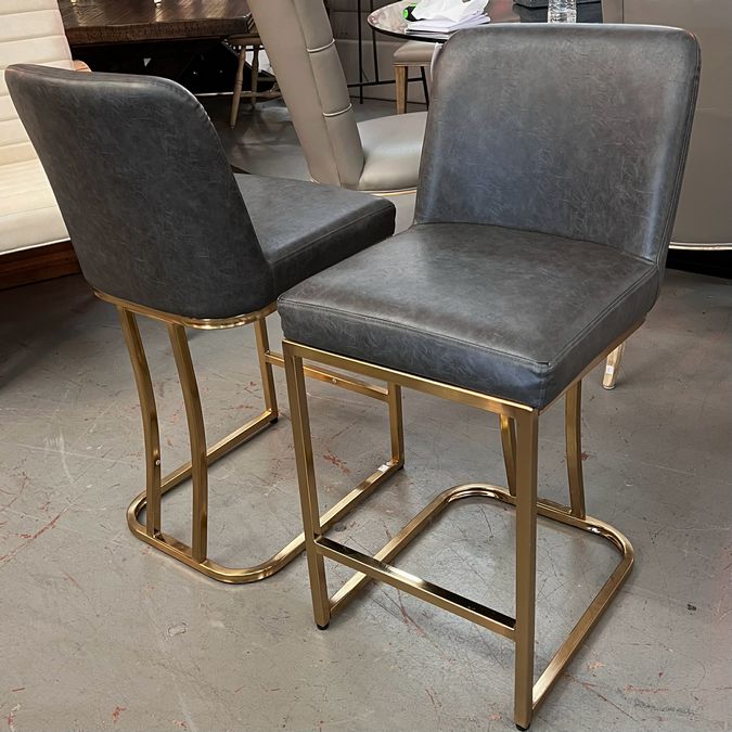 PAIR Faux Grey Leather & Gold Counter Height Barstools 16.5x16x34.5
