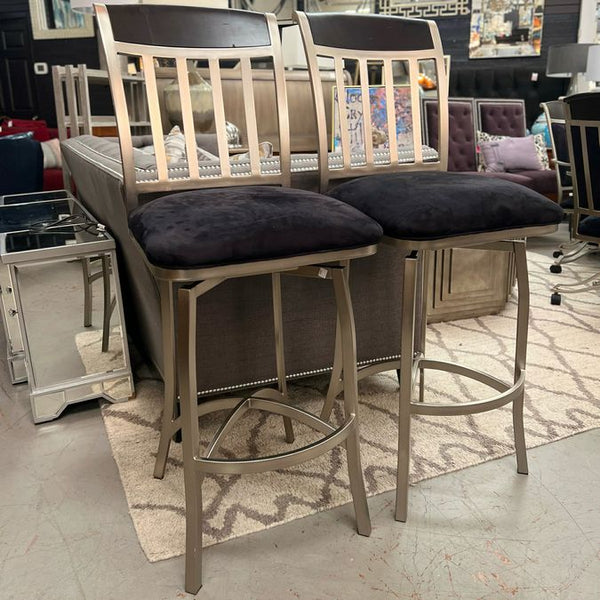 PAIR Brushed Metal Upholstered Barstools 17x23x47