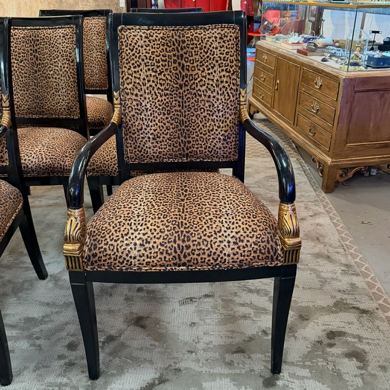 SET/6 Hollywood Regency Style Black Carved Gilt Chairs W/Leopard Upholstery 22x2