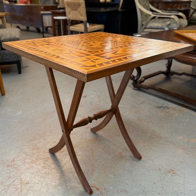 Vintage Folk Art Marquetry Inlaid Folding Table 27.5x27.5x28