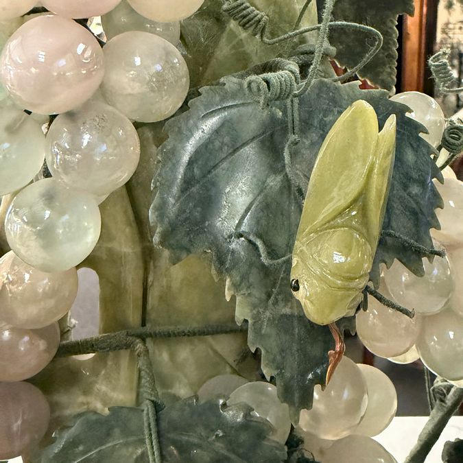 Jade & Jadeite Sculpture W/Grapes & Cicadas 19"Lx19"H