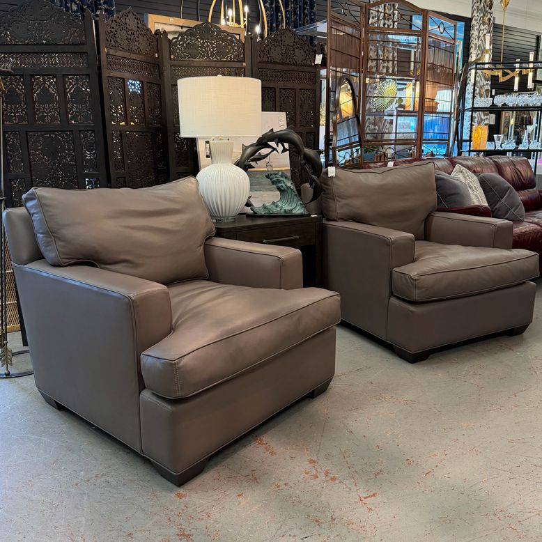 PAIR of Barclay Butera Mushroom Pebbled Leather Club Chairs