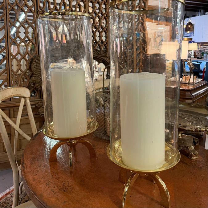 PAIR Large Global Views Quad Base Brass Hurricane Lamps 20.75"H x 9.5"Dia