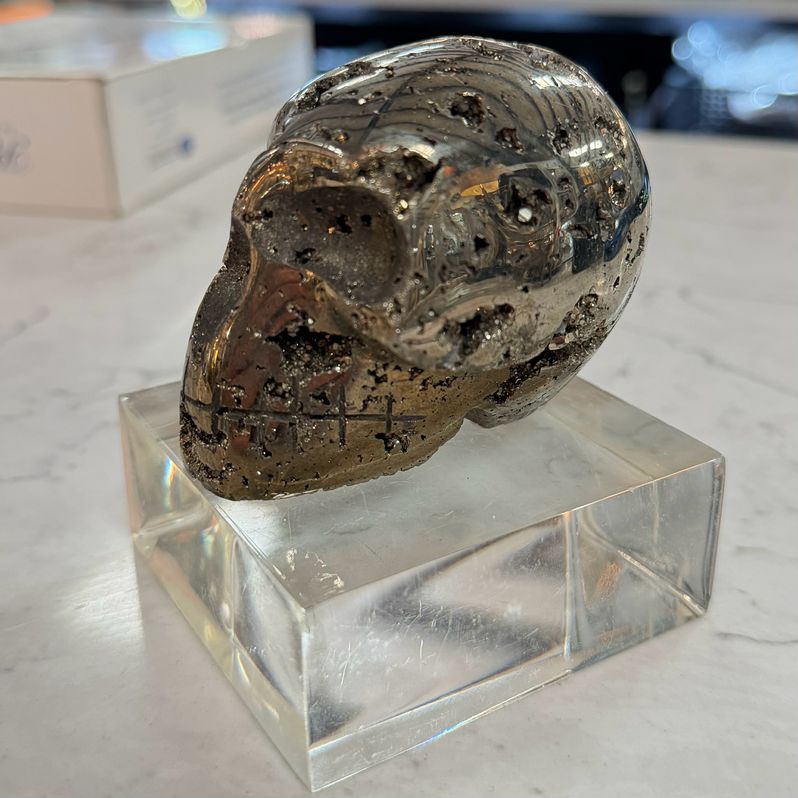 Hand Carved Pyrite Skull 3"H