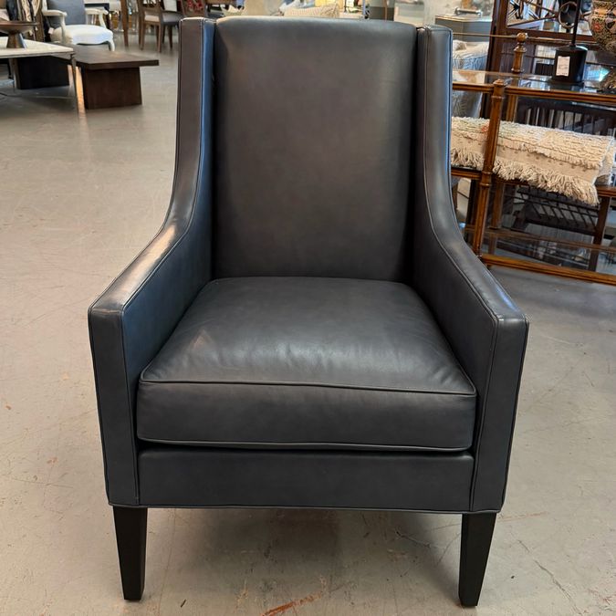 Ethan Allen Kent Sherwood Blue High Grade Leather Wingback Chair & Ottoman 28x37