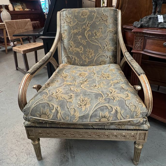 SET/2 Vintage Henredon Directoire Upholstered Arm Chairs W/Metallic Wood Finish