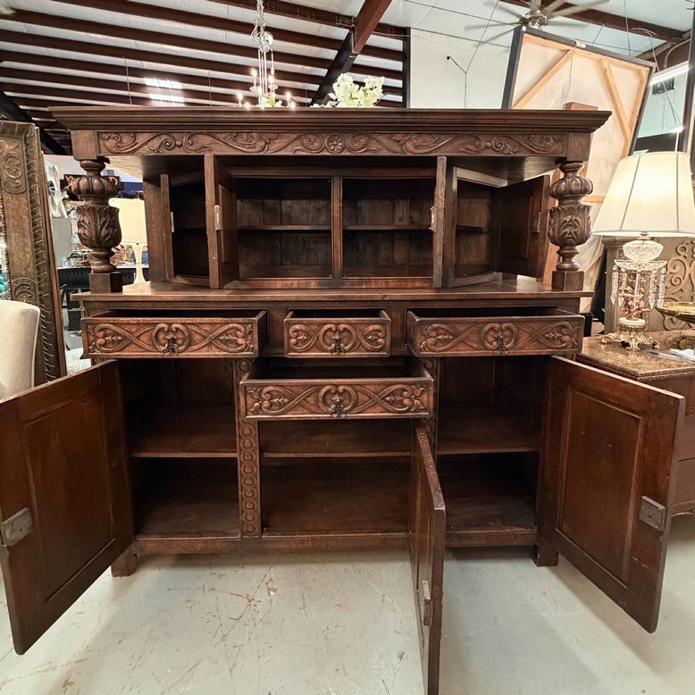 Antique Tudor Revival Carved Oak Cupboard w/Hidden Storage 80x24x74
