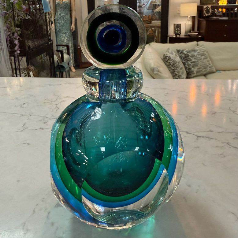 Blue-Green Bull's Eye Art Glass Perfume Bottle 6"