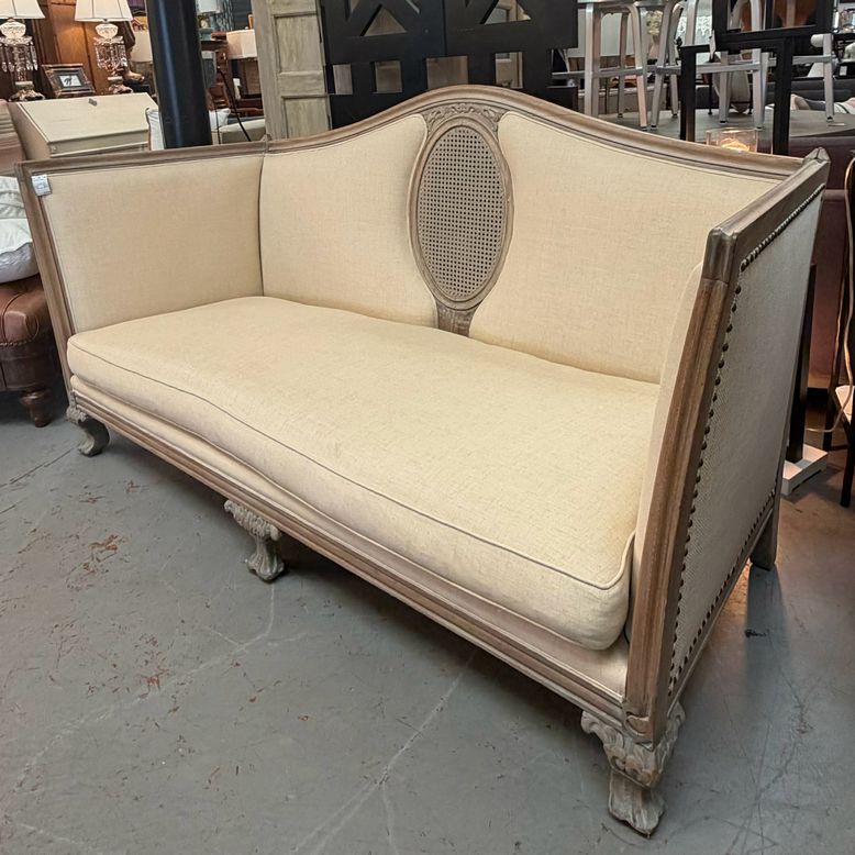 French Provincial Cream Linen Wood Framed Sofa W/Caning Detail 78x34x41