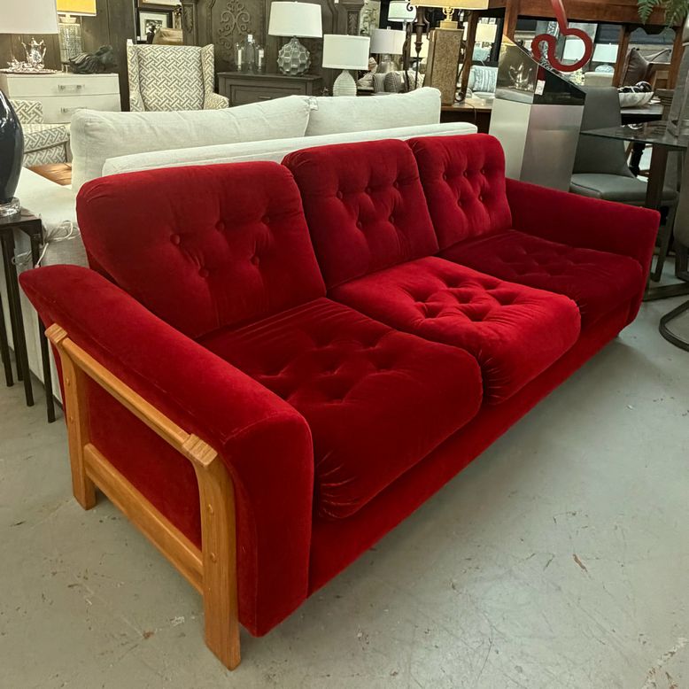Mid Century Vintage Red Velvet Sofa W/Wood Frame 80x35x31