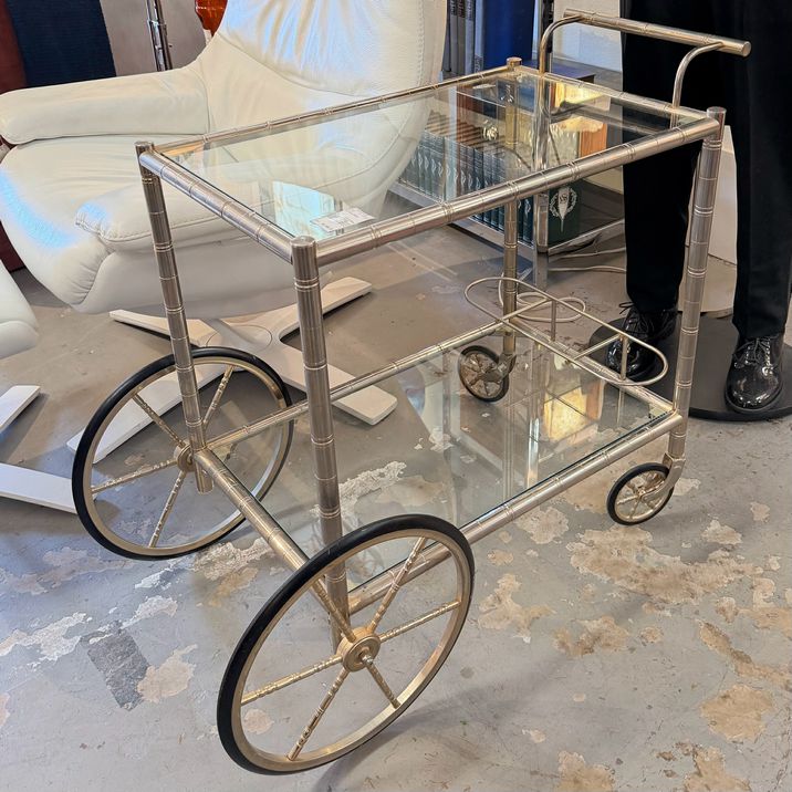 French MCM Silvered Brass Faux Bamboo & Glass Trolley 36x20x30.5