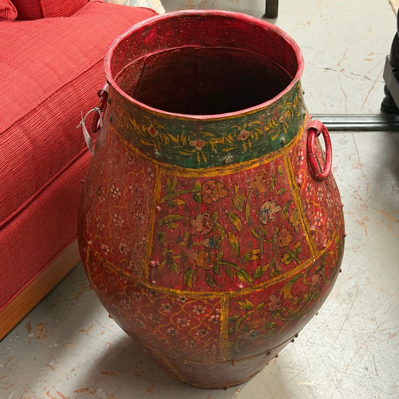 Unique Red Floral Iron Floor Handled Urn 16.5" Dia X 26"H