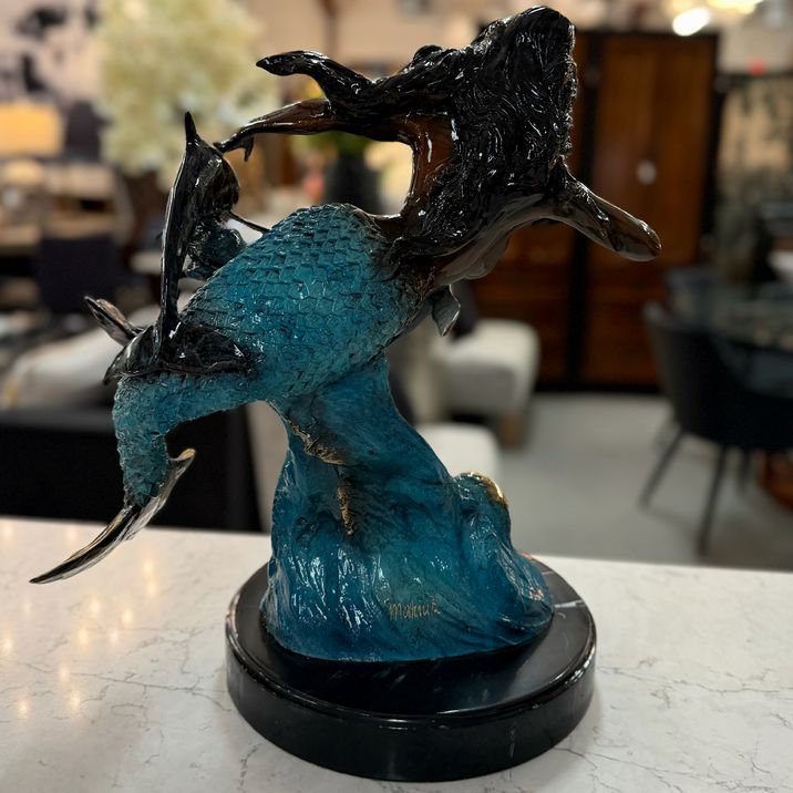 Signed Bronze Mermaid Swimming With Dolphins 17x11x17