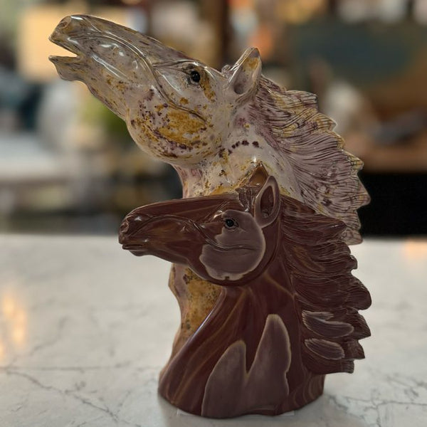 Carved Jasper Double Horse Head Sculpture 8"H
