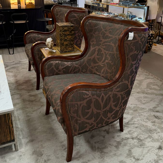 PAIR Custom Wood Framed Wingback Chairs Charcoal & Gold 27.5x34x41.25