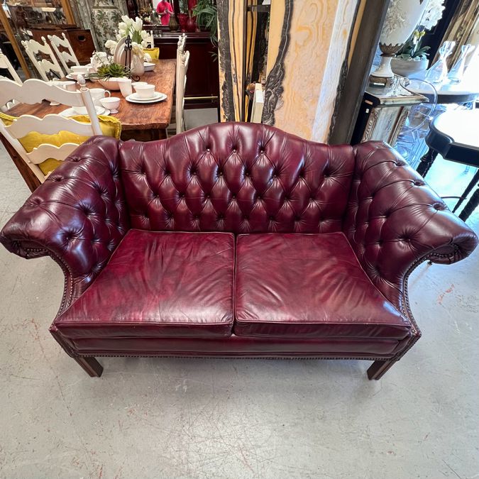 Vintage Oxblood Leather Tufted Camelback Loveseat 67x30x35