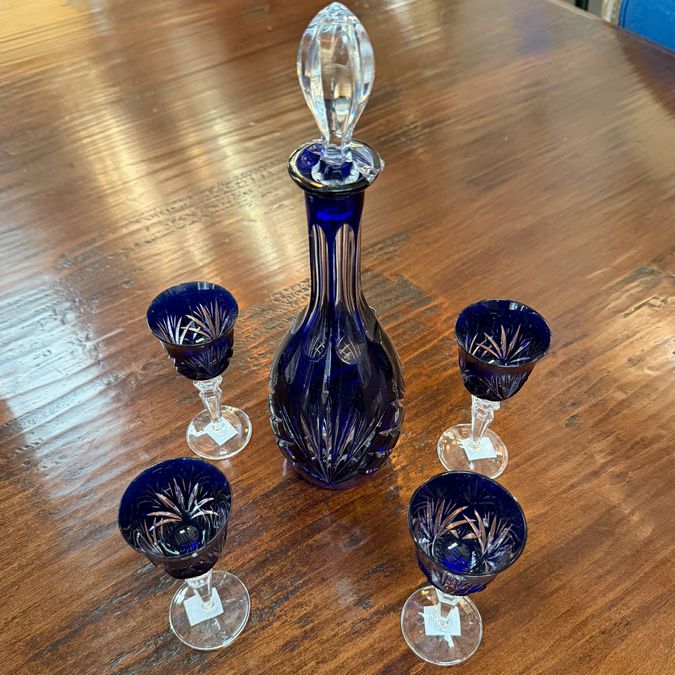 Germany 1980's Cobalt Cut to Clear Crystal Decanter W/4 Liqueur Glasses 12.5"H