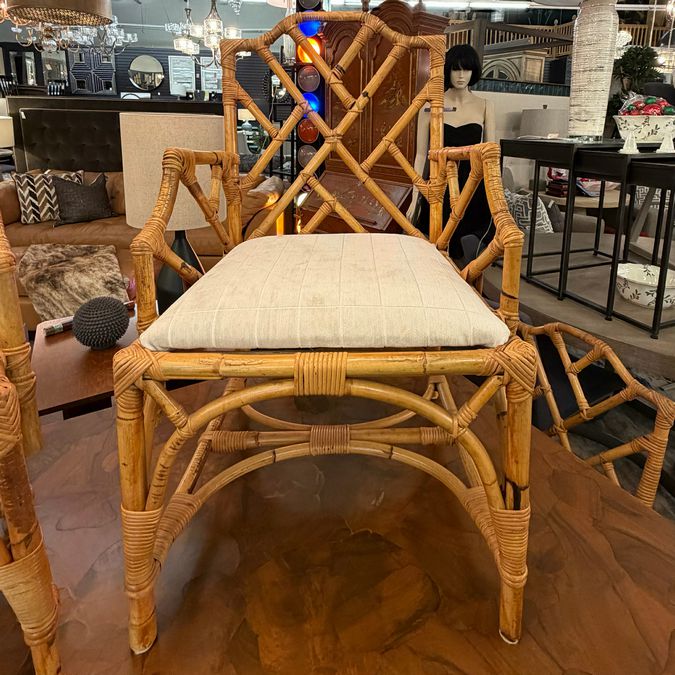 1970's Werner Maier Chinese Chippendale Bamboo & Rattan Table W/6 Chairs 68x42x3