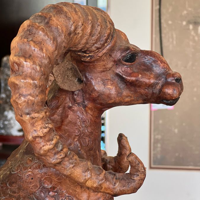 Vintage 1970's Leather Ram Sculpture 12.5"H